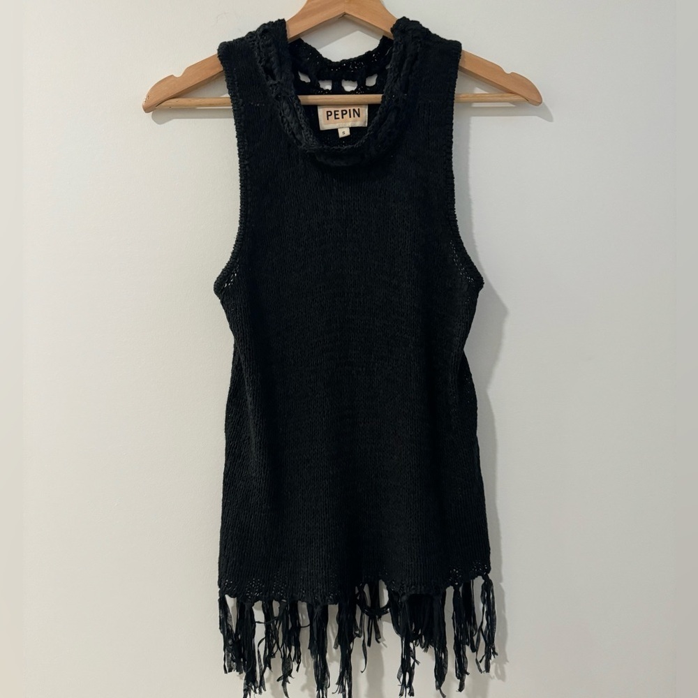 PEPIN Anthropolgie Black Knit Fringed Tank Top Size Small